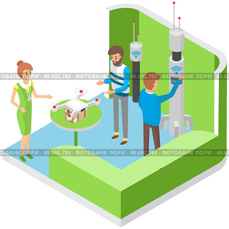 Man consults with seller about buying drone at an exhibition of modern gadgets studies sample quadrocopter. Contactless delivery drones. Store of modern aircraft devices, new technical means. Man consults with seller about buying drone at an exhibition of modern gadgets studies sample. Стоковая иллюстрация, агентство Ingram Publishing / Фотобанк Лори