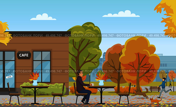Man drinking tea from cup in empty cafe, autumn season vector. Person walking dog, cat approaching to customer. Building and trees with foliage leaves. Man Drinking in Empty Cafe Autumn Season Vector. Стоковая иллюстрация, агентство Ingram Publishing / Фотобанк Лори