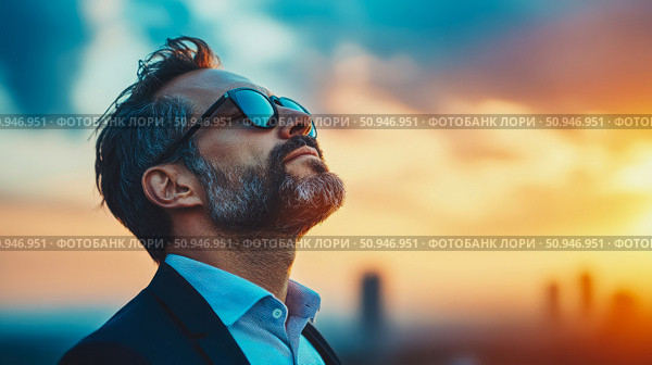 Man gazing skyward, reflecting on life's possibilities against a colorful sky. Стоковое AI-изображение, AI-художник Данила Большаков / Фотобанк Лори