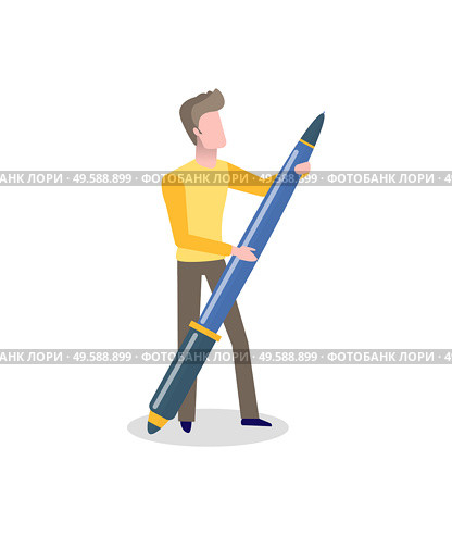 Man holding fountain pen in hands isolated on white. Vector anonymous faceless person ready to sign down your info, cartoon male character and writing tool. Man Holding Fountain Pen in Hand Isolated on White. Стоковая иллюстрация, агентство Ingram Publishing / Фотобанк Лори