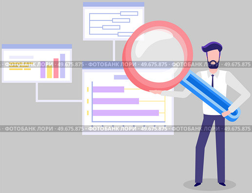 Man holding giant magnifying glass and analyzing statistical charts. Graphs with data on tables. Marketing project results, data analysis. Colleagues discuss statistical indicators, business research. Man holding giant magnifying glass and analyzing statistical charts. Marketing data analysis. Стоковая иллюстрация, агентство Ingram Publishing / Фотобанк Лори