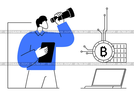 Man holding telescope and tablet, observing Bitcoin symbol connected to digital circuits. Ideal for cryptocurrency, technology, financial analysis, innovation, investment strategy. Minimalistic flat. Business Person Analyzing Bitcoin Trends through Telescope with Laptop. Стоковая иллюстрация, агентство Ingram Publishing / Фотобанк Лори