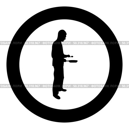 Man holds frying pan spoon Chef holding kitchen utensil Professional using Kitchen staff concept Domestic prepair food silhouette in circle round black color vector illustration solid outline style simple image. Man holds frying pan spoon Chef holding kitchen utensil Professional using Kitchen staff concept Domestic prepair food silhouette in circle round black color vector illustration solid outline style image. Стоковая иллюстрация, агентство Ingram Publishing / Фотобанк Лори