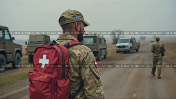 Man in a red backpack with a cross on it is standing on a road. Стоковое AI-видео, аниматор Sergey Grishin / Фотобанк Лори