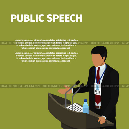 Man in black suit stands behind gray podium on public speech, vector illustration. Two microphones, paper with text and bottle with water on tribune. Businessman Stands behind Podium on Public Speech. Стоковая иллюстрация, агентство Ingram Publishing / Фотобанк Лори