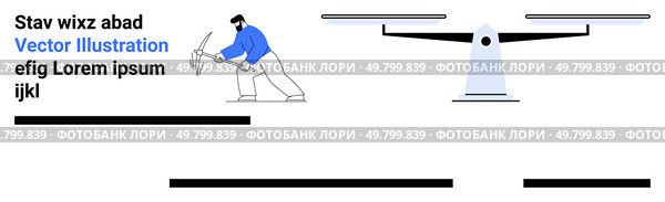 Man in blue shirt operates drone, accompanied by placeholder text and black horizontal lines. Ideal for tech, gadgets, engineering, innovation, tutorials, manuals, and landing pages. Landing page. Man Working with Drone, Text Elements, and Horizontal Lines in Blue and Black. Стоковая иллюстрация, агентство Ingram Publishing / Фотобанк Лори