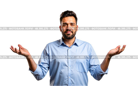Man in blue shirt shrugs, hands raised, confused expression, isolated white background, questioning gesture, casual look, uncertainty. Стоковое AI-изображение, AI-художник Павел Муравьев / Фотобанк Лори