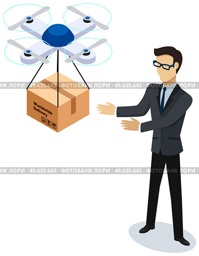 Man in business suit received package from drone. Drone delivery and shipment concept. Transportation of goods with innovative technology. Worldwide delivery. Businessman picks up box from quadcopter. Man in business suit received package from drone. Transportation of goods with innovative technology. Стоковая иллюстрация, агентство Ingram Publishing / Фотобанк Лори