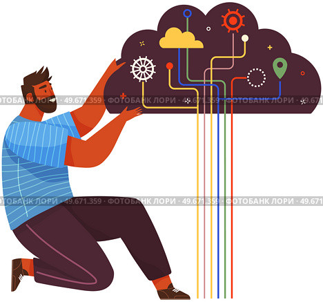 Man in process of thinking with mental mindset types or creative models to solve problem. Person with thoughts in shape of cloud. Developing creative thinking to deal with problems, find solutions. Man developing creative thinking with mental mindset types to deal with problems, find solutions. Стоковая иллюстрация, агентство Ingram Publishing / Фотобанк Лори