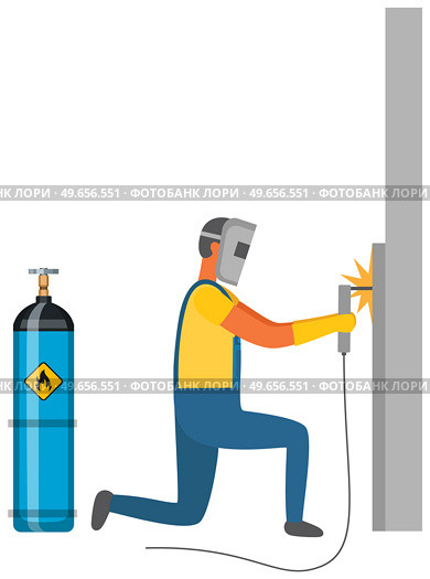 Man in protective mask welding metal near gas cylinder. Welder works with equipment next to container with flammable substance. Gas explosion risk concept. Person and fuel tank with fire warning sign. Man welding metal near gas cylinder. Welder works with equipment next to flammable container. Стоковая иллюстрация, агентство Ingram Publishing / Фотобанк Лори