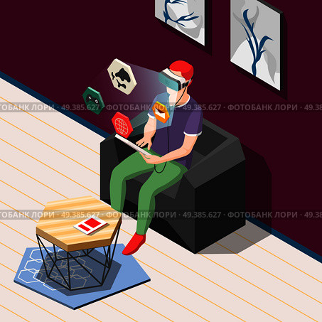 Man in vr headset in chair, icons set with computer game, internet, email isometric background vector illustration. VR Headset Isometric Background. Стоковая иллюстрация, агентство Ingram Publishing / Фотобанк Лори