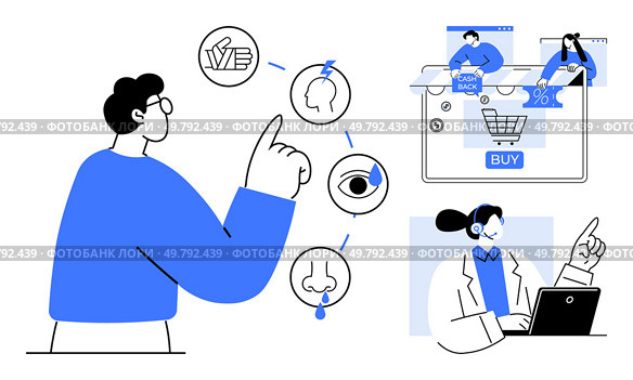 Man interacting with symbols of touchpoints recommendation, brain, eye. Online shopping screen showing buy button. Customer service agent on laptop aiding. Ideal for marketing, e-commerce, user. Customer Interaction Journey From Initial Touchpoints to Purchase Decision. Стоковая иллюстрация, агентство Ingram Publishing / Фотобанк Лори