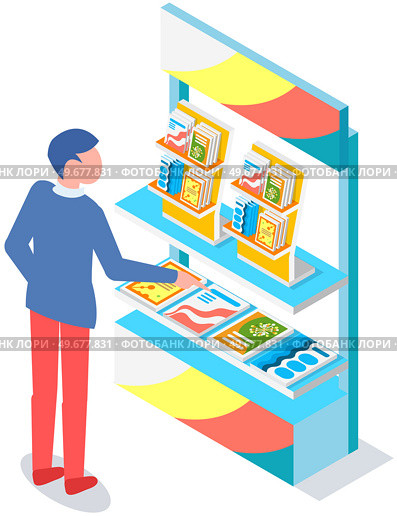 Man looking at stand with books, brochures. Advertising company, promotion, distribution concept. Male choosing product catalogs, magazines. Man near journal, literature exhibition on rack. Man looking at stand with books, brochures. Advertising company, promotion, distribution. Стоковая иллюстрация, агентство Ingram Publishing / Фотобанк Лори