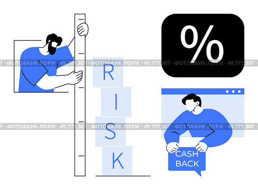 Man measures risk with ruler and stacked blocks spelling risk while another man holds cash back sign. Percent symbol in black box. Ideal for business, finance, risk management, investments. Evaluating Risk in Financial Planning and Cashback Incentives with Percentage Metrics. Стоковая иллюстрация, агентство Ingram Publishing / Фотобанк Лори