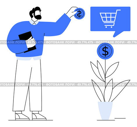 Man placing dollar coin into plant pot representing investment growth, holding document. Blue shopping cart icon suggests e-commerce. Ideal for business, finance, investment, economics, online. Man Investing Money Symbolized by Plant Growth with Shopping Cart Icon. Стоковая иллюстрация, агентство Ingram Publishing / Фотобанк Лори
