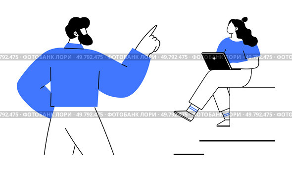 Man presenting with raised finger and woman sitting with laptop. Ideal for presentations, teamwork, business meetings, brainstorming sessions, workflow, remote working, education. Line metaphor. Team Discussion with One Person Presenting and Another Taking Notes on Laptop. Стоковая иллюстрация, агентство Ingram Publishing / Фотобанк Лори