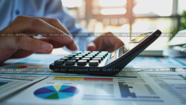 Man pressing calculator close up. Desk with diagram, graph, finance. Investment, accounting, calculating tax, corporate financial company report. Person checking bills, bank account balance, expenses. Стоковое AI-видео, аниматор Марина Демидюк / Фотобанк Лори