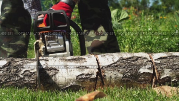 Man saws wood with chaining. Стоковое видео, видеограф Igor Skripachev / Фотобанк Лори