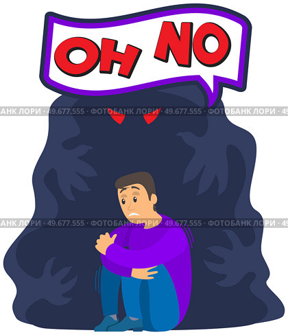 Man scared of spooky monster from nightmare says oh no. Person is afraid of ghost. Guy sits and shakes with fright next to monster, ghost in dark. Nightmare, fear of darkness, phobia concept. Man scared of spooky monster from nightmare says oh no. Nightmare, fear of darkness, phobia concept. Стоковая иллюстрация, агентство Ingram Publishing / Фотобанк Лори
