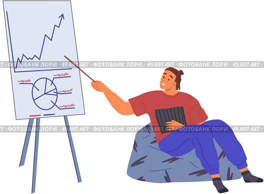 Man showing business diagram on presentation board. Guy points to bar chart graphic report on flipchart. Business statistics and data analysis concept. Businessman works with statistical indicators. Guy points to bar chart graphic report on flipchart. Man showing statistical indicators, diagram. Стоковая иллюстрация, агентство Ingram Publishing / Фотобанк Лори