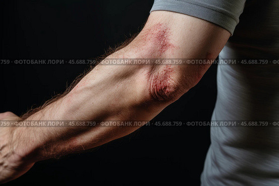 Man showing severe eczema rash on arm and elbow. Стоковое AI-изображение, AI-художник Иван Рябоконь / Фотобанк Лори