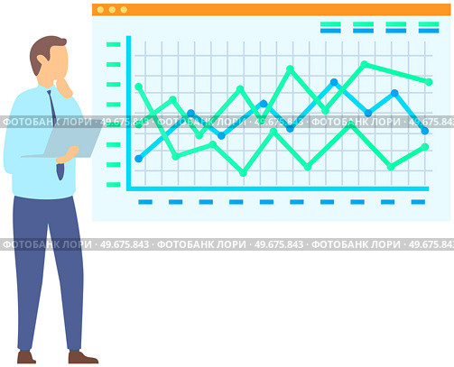 Man standing next to flipchart with diagram. Presentation board with statistical data. Business report showroom with poster and lecturer. Businessman demonstrates results of statistical research. Man standing near flipchart with diagram. Businessman conducts presentation of statistical research. Стоковая иллюстрация, агентство Ingram Publishing / Фотобанк Лори