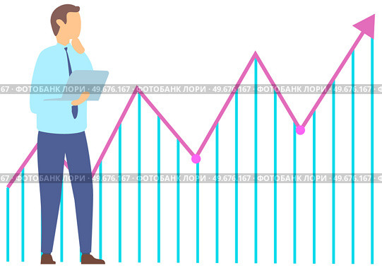 Man standing next to flipchart with diagram. Presentation board with statistical data. Business report showroom with poster and lecturer. Businessman demonstrates results of statistical research. Man standing near flipchart with diagram. Businessman conducts presentation of statistical research. Стоковая иллюстрация, агентство Ingram Publishing / Фотобанк Лори