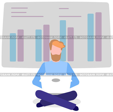Man standing next to flipchart with diagram. Presentation board with statistical data. Business report showroom with poster and lecturer. Businessman demonstrates results of statistical research. Man standing near flipchart with diagram. Businessman conducts presentation of statistical research. Стоковая иллюстрация, агентство Ingram Publishing / Фотобанк Лори