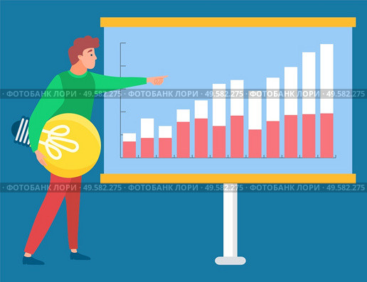 Man standing with light bulb near statistics chart and looking on it. Business tools for innovations and cooperation. Vector illustration flat style. Man Standing near Statistic with Light Bulb Vector. Стоковая иллюстрация, агентство Ingram Publishing / Фотобанк Лори
