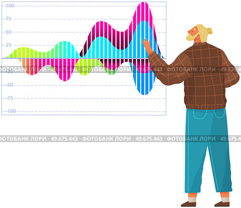 Man studies statistics on presentation. Male character working with report. Manager working and analyzing financial statistic. Male marketer examines information about metrics. Data screen with charts. Man studies statistics on presentation. Male character while working or studying with report. Стоковая иллюстрация, агентство Ingram Publishing / Фотобанк Лори