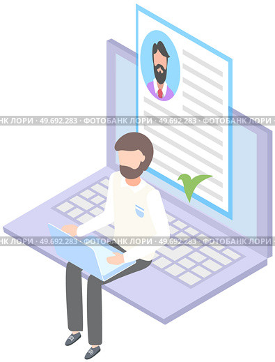 Man surfing internet, interacting in social media with avatar profile, networking. Sitting with laptop typing on keyboard communicating with person in web forum, chatting in messenger, portal, blog. Man surfing internet, interacting in social media with avatar profile icon, chatting in messenger. Стоковая иллюстрация, агентство Ingram Publishing / Фотобанк Лори