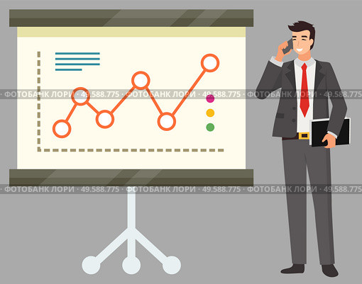 Man talking on phone standing by infocharts board vector, isolated smiling businessman whiteboard. Leader of company with papers document on presentation. Businessman Solving Problems on Cell Phone Vector. Стоковая иллюстрация, агентство Ingram Publishing / Фотобанк Лори