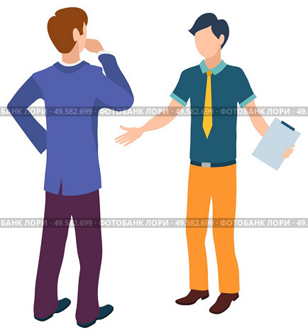 Man talking to assistant vector, boss and helper solving problems at work flat style characters working together. Leader with novice holding document. Boss and Assistant Doubts of Businessman Worker. Стоковая иллюстрация, агентство Ingram Publishing / Фотобанк Лори