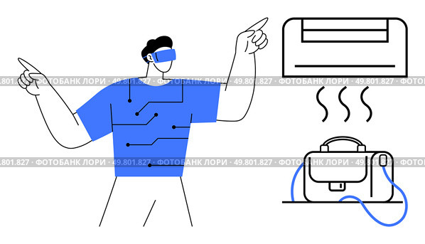 Man using VR headset gestures towards smart air conditioning unit and a connected briefcase. Ideal for technology, smart home, wearable tech, innovation, IoT, future trends, automation. Line metaphor. Virtual reality enthusiast interacting with smart air conditioner and connected smart devices. Стоковая иллюстрация, агентство Ingram Publishing / Фотобанк Лори