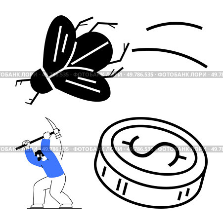 Man wearing blue shirt swings pickaxe toward large coin with dollar sign while giant insect flies above. Ideal for financial concepts, work ethics, challenges, perseverance, rewards, motivation. Person Swinging Pickaxe to Extract Giant Coin with Flying Insect Overhead. Стоковая иллюстрация, агентство Ingram Publishing / Фотобанк Лори