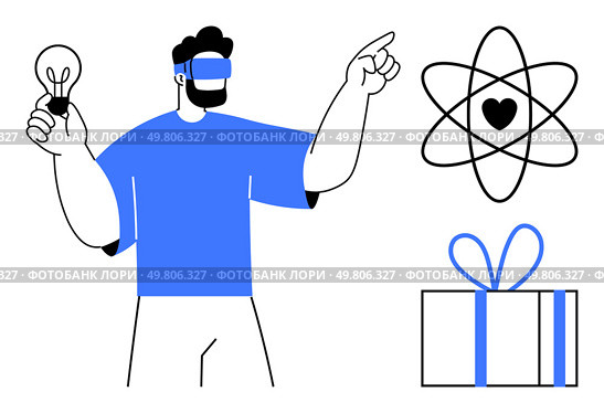 Man wearing VR headset holding lightbulb, pointing to atomic symbol with a heart in center, next to wrapped gift box with bow. Ideal for technology, innovation, virtual reality, science, gifting. Man with VR headset holding lightbulb, pointing at atomic symbol, and gift box with bow. Стоковая иллюстрация, агентство Ingram Publishing / Фотобанк Лори
