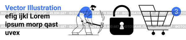 Man with a pickaxe hacking, padlock symbolizing security, shopping cart with notification. Ideal for online security, cyber threats, e-commerce, data protection, hacking prevention, cybercrime. Digital Security Concept with Man Hacking and Shopping Cart with Notification Icon. Стоковая иллюстрация, агентство Ingram Publishing / Фотобанк Лори