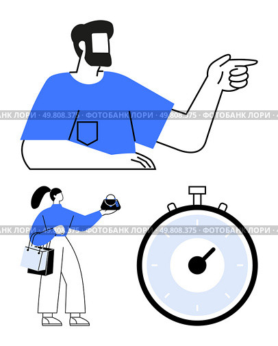 Man with beard pointing woman with shopping bags holding burger large clock with timer. Ideal for time management, efficiency, direction, lifestyle, consumerism, decision making, punctuality. Line. Man Pointing, Woman Shopping with Bags, and Large Clock Representing Time Management and Efficiency. Стоковая иллюстрация, агентство Ingram Publishing / Фотобанк Лори