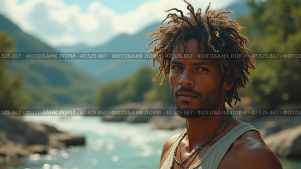 Man with dreadlocks stands in front of a river. Black african man. Стоковое AI-изображение, AI-художник Sergey Grishin / Фотобанк Лори