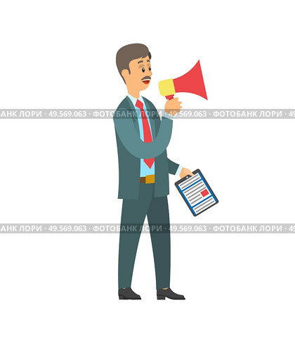 Man with loudspeaker and folder with paper document vector isolated cartoon person. Office worker with megaphone announcing important information very loudly. Vector illustration in flat cartoon style. Man with Loudspeaker, Folder with Paper Document. Стоковая иллюстрация, агентство Ingram Publishing / Фотобанк Лори