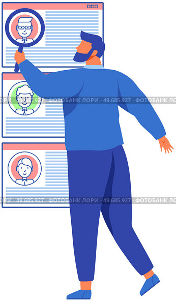 Man with magnifier looking at user profiles in social network or messenger. Male character analyses list of virtual accounts. App for chatting and mailing design element. Guy searching for candidates. Man with magnifier looking at user profiles in social network. Guy searching for candidates. Стоковая иллюстрация, агентство Ingram Publishing / Фотобанк Лори