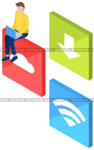 Man with signs of cloud, arrow to down and wi-fi. Freelance guy works on laptop vector illustration. Male character using wireless network to surf internet. Freelancer uses the cloud to store files. Man with signs of cloud, arrow to down and wi-fi. Freelance guy works on laptop vector illustration. Стоковая иллюстрация, агентство Ingram Publishing / Фотобанк Лори