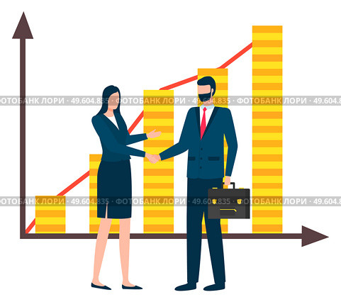 Managers handshake vector, man and woman agreeing on contract. Company development and successful growth. Financial stability and achievements charts. Business Agreement Financial Growth Profit Company. Стоковая иллюстрация, агентство Ingram Publishing / Фотобанк Лори