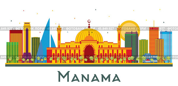 Manama Bahrain City Skyline with Color Buildings Isolated on White. Стоковая иллюстрация, иллюстратор Игорь Сорокин / Фотобанк Лори