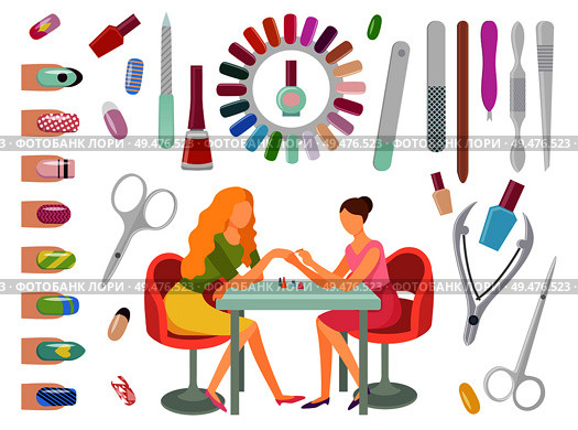 Manicure manicurist and tools nails polishing process. Set of isolated icons, file and scissors, lotions and separator toenails, essential oils vector. Manicure Manicurist and Tools Nails Set Vector. Стоковая иллюстрация, агентство Ingram Publishing / Фотобанк Лори