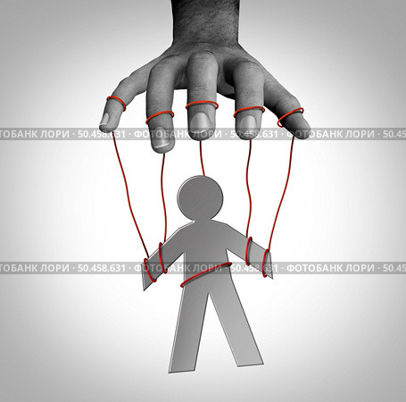 Manipulator concept and puppet master symbol as a person on strings as an icon controlled by someone that manipulates and is gaslighting for exploitation or domination as psychological abuse in a 3D illustration style. Стоковое фото, агентство Ingram Publishing / Фотобанк Лори