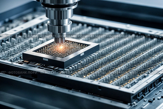 Manufacturing computer chips in semiconductor factory. Close-up of silicon die being removed from wafer and attached to substrate using device. Electronic industry concept. Copy ad text space. Стоковое AI-изображение, AI-художник Aleksandr Golubev / Фотобанк Лори