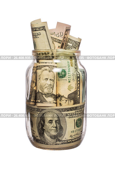 Many dollars in a glass jar isolated on white. Стоковое фото, фотограф Валерий Бочкарев / Фотобанк Лори