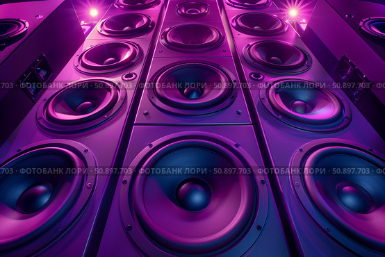 Many loudspeakers with purple and blue lighting playing music. Стоковое AI-изображение, AI-художник Иван Рябоконь / Фотобанк Лори