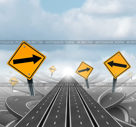 Many roads to success and clear group strategy and solutions for business leadership with straight multiple paths to success choosing the right strategic path with yellow traffic signs cutting through a maze of tangled roads and highways as a 3D illustration. Стоковое фото, агентство Ingram Publishing / Фотобанк Лори